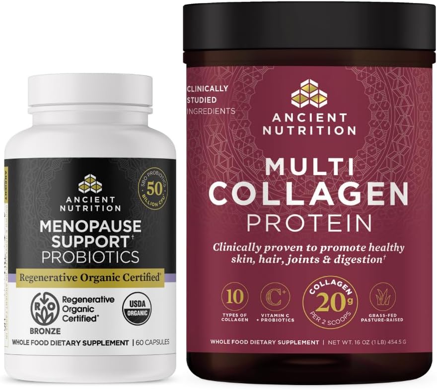 Menopause için Antik Beslenme Rejeneratif Organik Onaylı Probiyotikler, 60 Kont + Multi Collagen Protein Toz Unflavored, 45 Hizmetler
