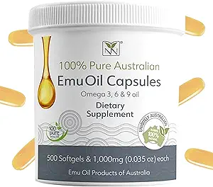 Emu Oil Capsules - Kalp, Saç, Metabolism ve Ortak Destek Supplement - Farm Grade Emu Oil with CLA, Omega 3, 6 & 9 with Vitamin K2, A & E by Y-Not Natural - 1000 mg, 500 Capsules