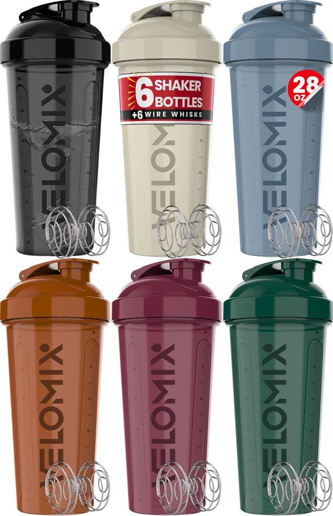 VELOMIX -6 PACK- 28 oz protein Mixer Şişe - 6 Wirex Whisk | Protein Shakes | Protein Shaker Şişe Paketi | Protein Shake Cup (World Tones Collection)