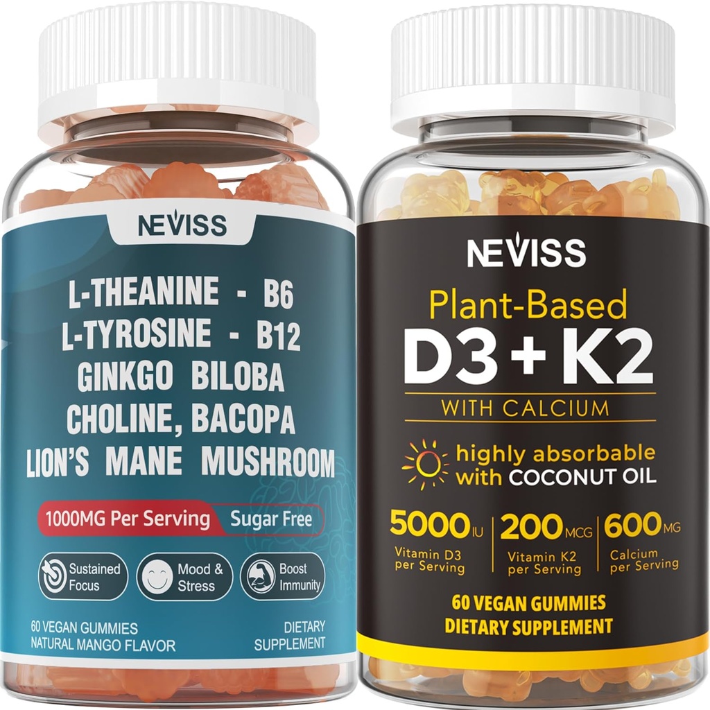 NEVISS Sugar Free L-Tyrosine L-Theanine Gummies 120 Counts + Sugar Free D3 5000IU K2 Gummies 120