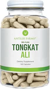 Antler Farms - 100% Pure Tongkat Ali Extract 200:1, 180 Capsules, 500 mg - Eurycoma Longifolia Slow Grown Aged Roots from Indonesia - Men's Health Support, Vegan, Gluten, Soy ve Dairy Free