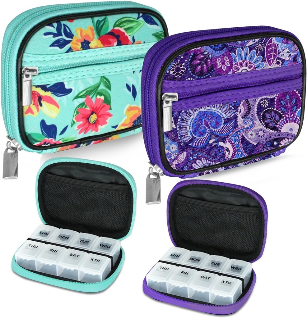 Serfeymi Weekly Travel Pill Pill Organizer Pill Case for Purse with Removed 7 Day Pill Box, Fashionable Travel Medicine Organizer Pill Container for Medicine, Vitamin, Συμπληρωματικό - Green 01 + Purple 01