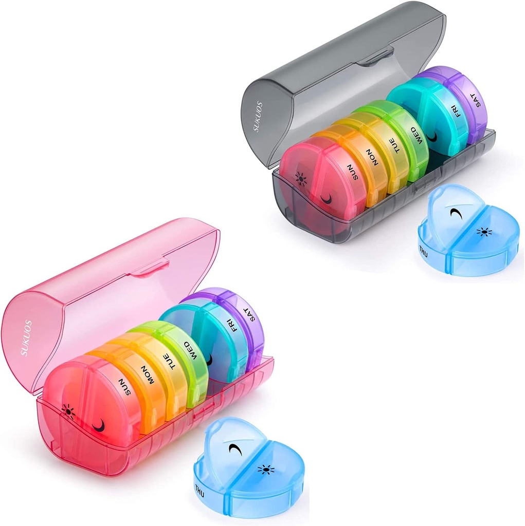2 Pack Weekly Pill Organizer 7 Day 2 Times a Day, Sukuos Large Daily Pill Cases for Pills/Vitamin/Fish Oil/Supplements, BPA Free Pill Box, Easy to Clean