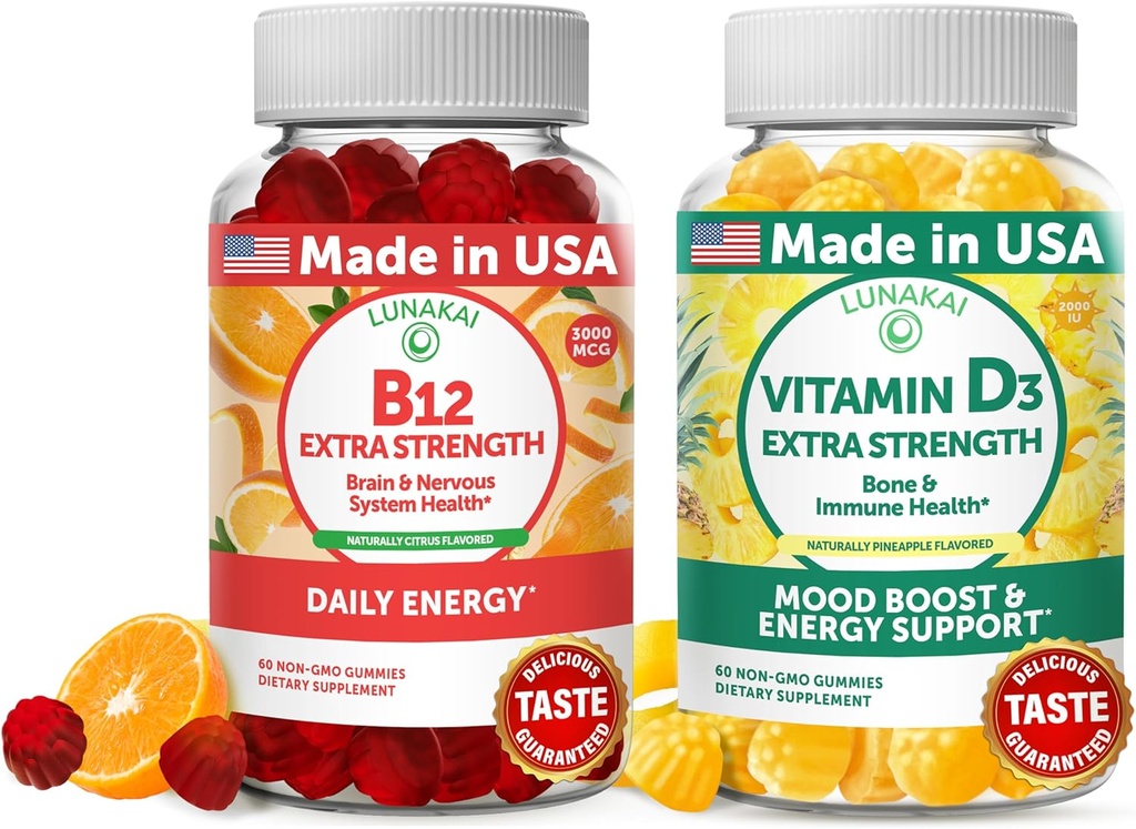 Lunakai Vitamin B12 ve D3 Gummies Sche - 3000 mcg B12 ve 25 mcg 1000 UI VIT D3 - Gluten Free, No Corn Syrup, Organic, Non-GMO, Plant Based Gelatin Free