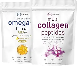 Mikro Malzemeler Multi Collagen Protein Toz 2 Pounds & Omega-3 Fish Oil 4,200 mg Softgels Sche 2 Pack | Grass-Fed Collagen, | Wild-Caught Fish, Lemon Flavored, Burpless