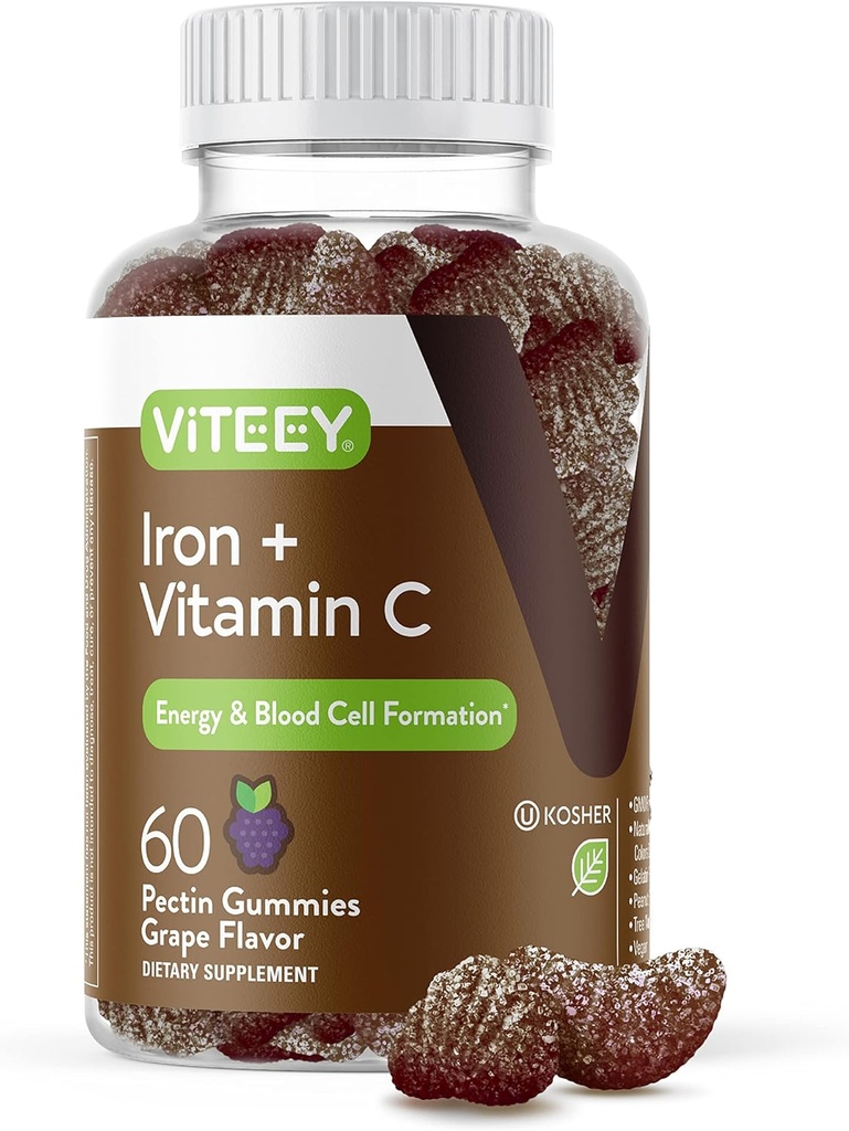 Viteey Iron Gummies - Vitamin C ile Demir - Enerji, Bood Destek ve Kadınlar ve Erkekler için Anemi Supplement - Vegan, Gluten Free - 60 Count