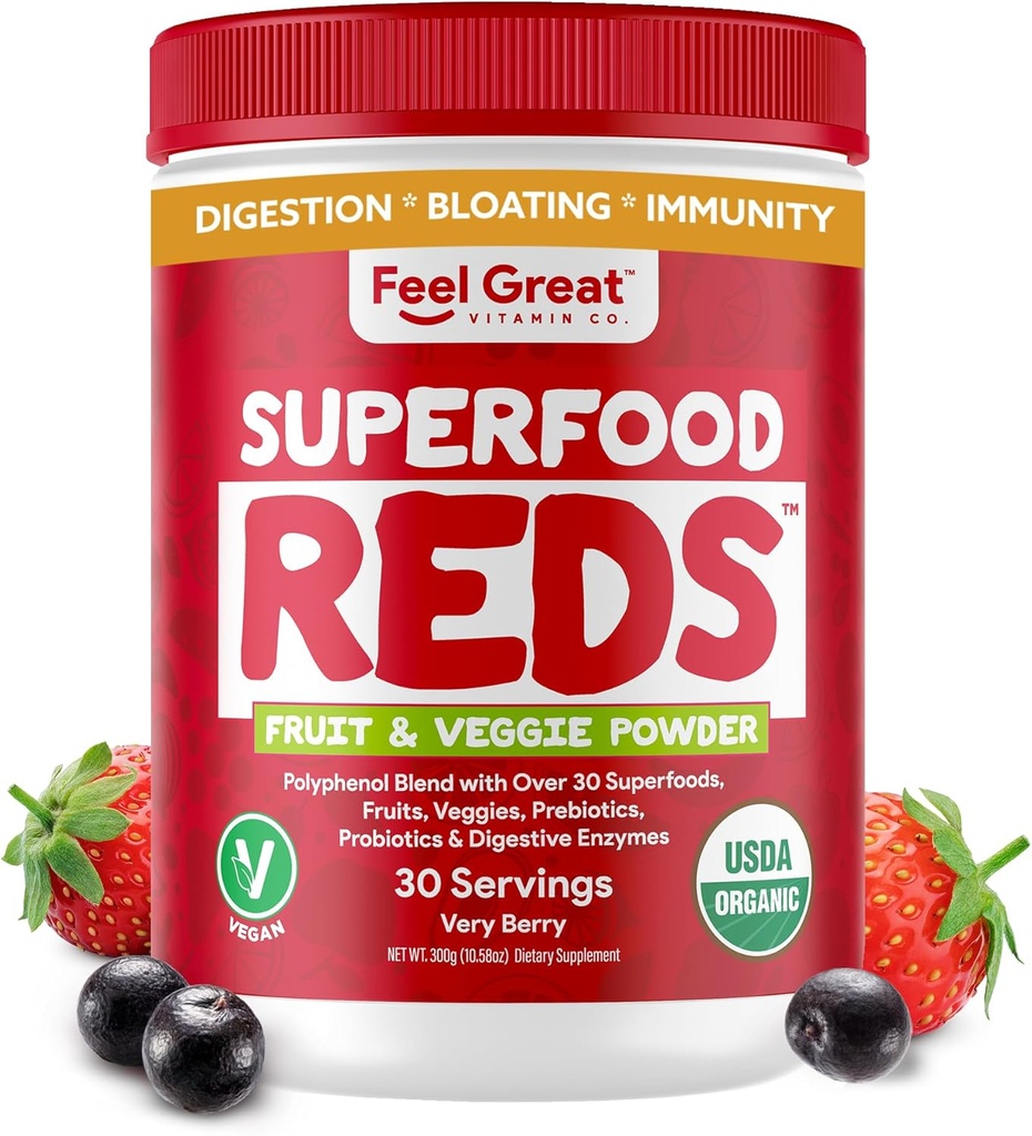 Büyük Organik Superfood Reds Toz Arıt Kök Toz ile Paketlendi | Digestive Support Including Bloating Relief | Fruit and Veggie Polyols Supplement.