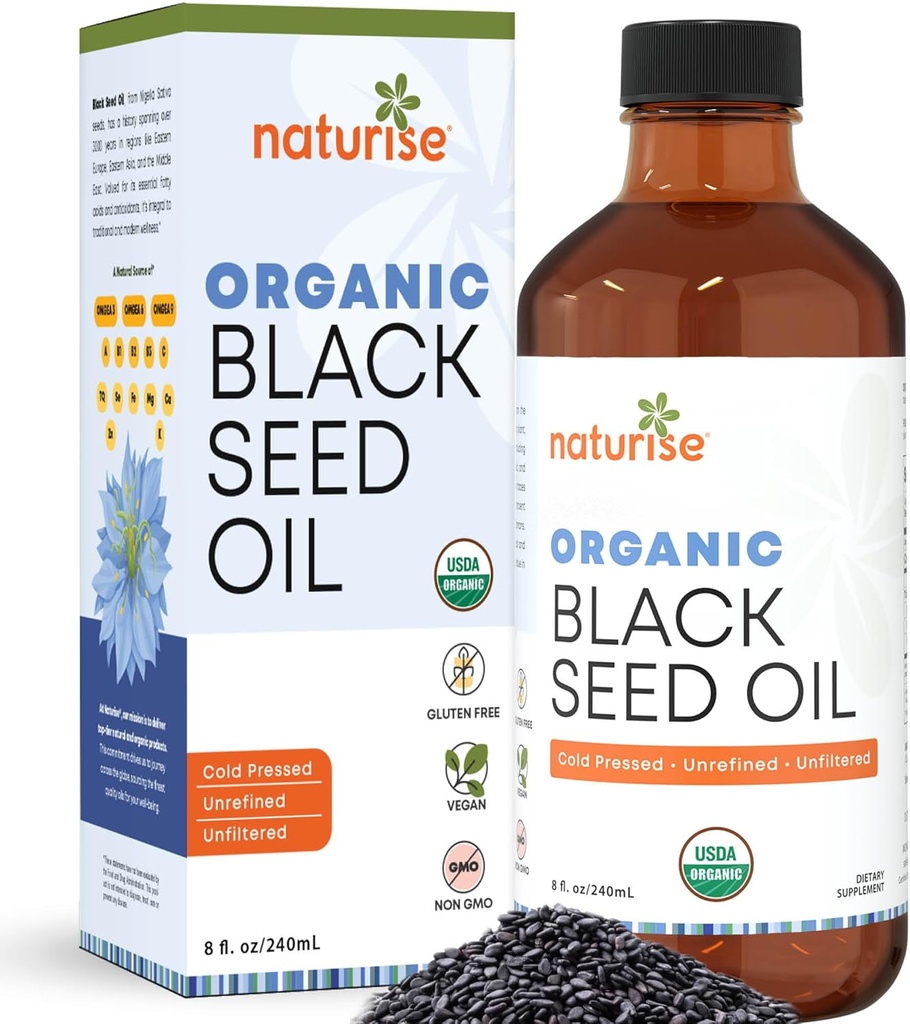 Βιολογικό Μαύρο Έλαιο Σπέρματος (Nigella Sativa, Σπόροι Κύμινου) Κρύο Πιέζεται Μη ΓΤΟ, 8 oz Γυάλινο Μπουκάλι Πηγή Απαραίτητων Λιπαρά Οξέων, Ωμέγα 3 6 9'
