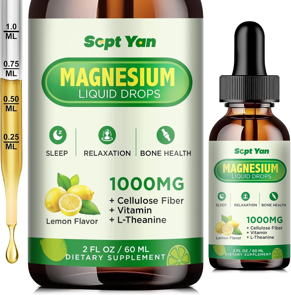 Magnezyum Glycinate Liquid Drops, 1000 mg Magnezyum Glycinate, Citrate & Threonate with Cellulose Fiber, L-Theanine, B & C for Sleep, Muscle, Energy & Relaxation, Sugar-Free Lemon Flavor