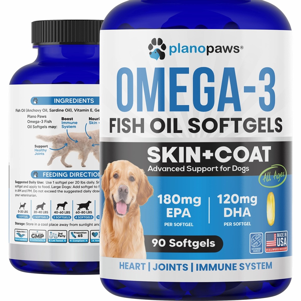 Omega 3 Köpekler için Balık Yağı - Köpekler için Salmon Yağı - Dog Fish Oil Supplement Shedding, Alerji, Itch Relief - Supports Kuru Skin, Joints - Dog Skin ve Coat Supplement - 90 Fish Oil Pills EPA DHA