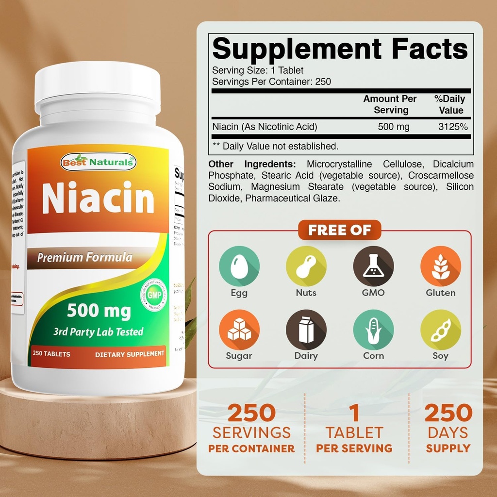 Best Naturals Niacin 500mg 250 Tablets with Flushing - Επίσης ονομάζεται βιταμίνη Β3 (250 Count (Pack of 2))