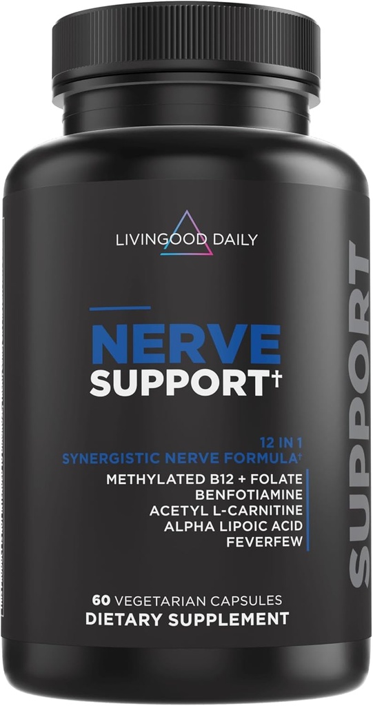 Livingood Daily Nerve Support Supplement for Women & Men, 12in-1 Nerve Health Formula with Metilated B12, Folate, Benfoti, Alfa Lipoic Asit vefew, Gluten Free, Non-GMO, 60 Capsules
