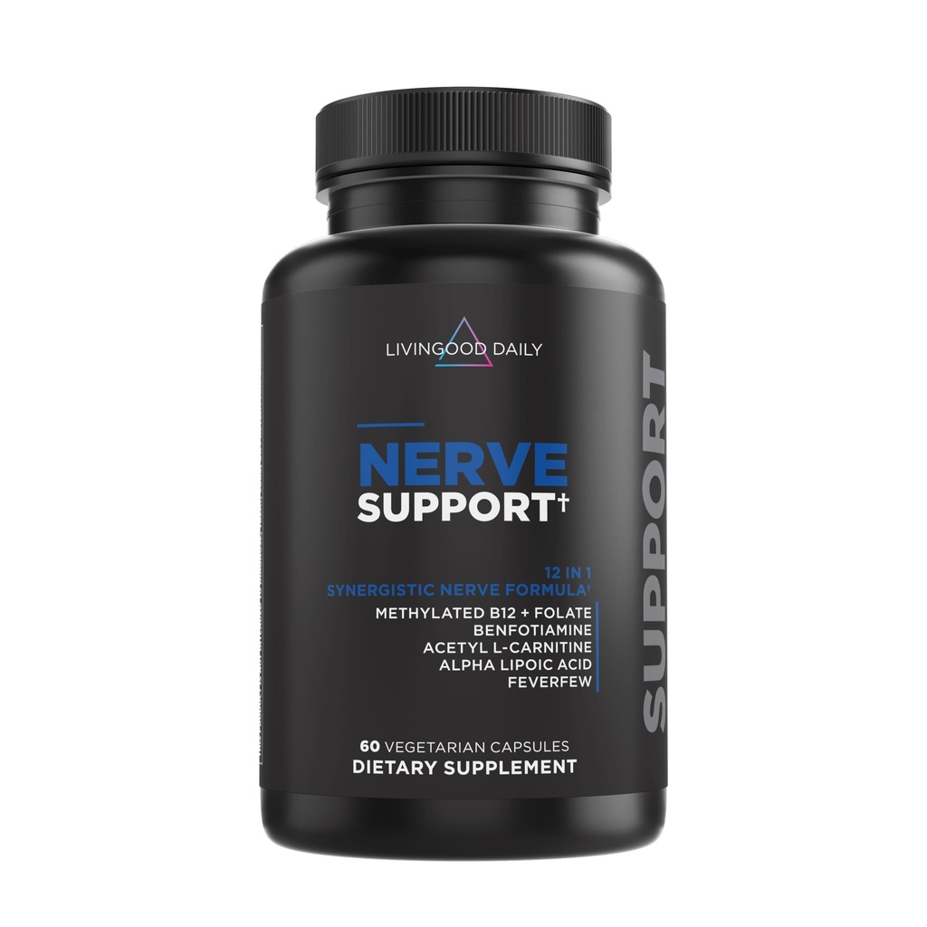 Livingood Daily Nerve Support Supplement for Women & Men, 12in-1 Nerve Health Formula with Metilated B12, Folate, Benfoti, Alfa Lipoic Asit vefew, Gluten Free, Non-GMO, 60 Capsules
