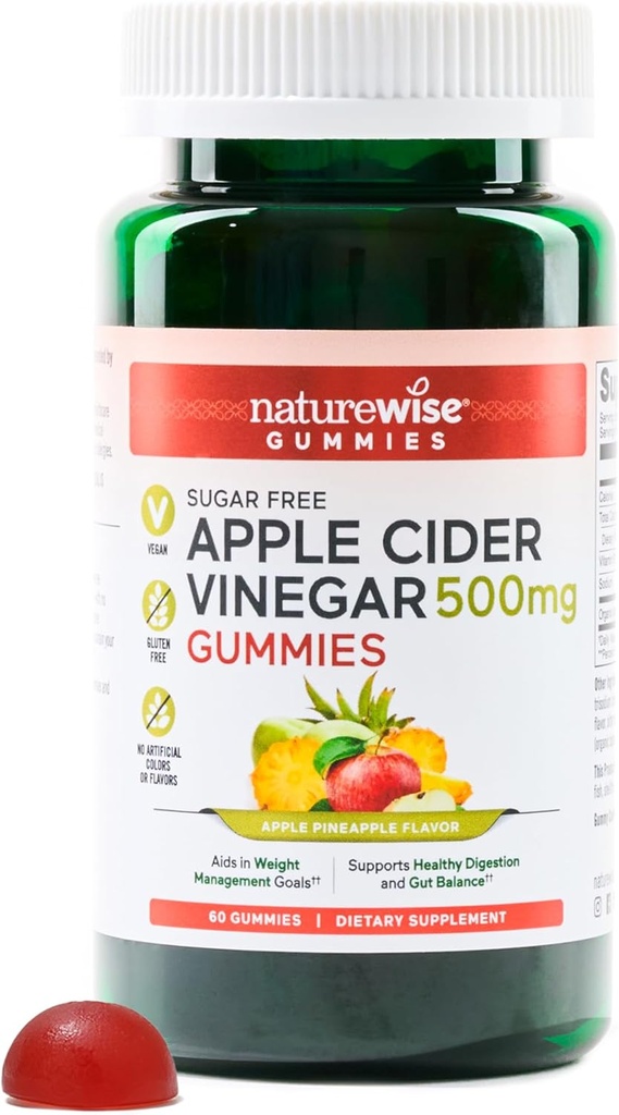 NatureWise Apple Cider Vinegar Keto Gummies - 1000 mg ACV per 2, Sugar Free, Vegan - Energy & Gut Health - ACV Gummies W/Vitamin B12-60 Gummies[1-Month Supply for 1000 mg / 2Month Supply for 500mg / 2Month Supply]