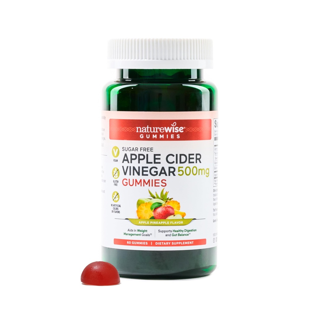 NatureWise Apple Cider Vinegar Keto Gummies - 1000 mg ACV per 2, Sugar Free, Vegan - Energy & Gut Health - ACV Gummies W/Vitamin B12-60 Gummies[1-Month Supply for 1000 mg / 2Month Supply for 500mg / 2Month Supply]