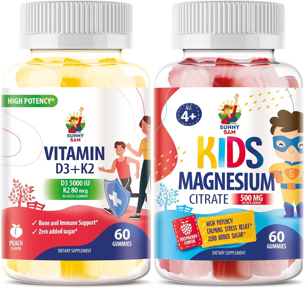 Gummys μαγνησίου για παιδιά & βιταμίνη D3 K2 Gummies 5000 IU - Ανοσοποιητική & Οστική Υποστήριξη - Συμπλήρωμα χωρίς ζάχαρη Βιταμίνη D Gummy - Υψηλής Απορρόφησης, Vegan, Gluten-free Gummies για ενήλικες