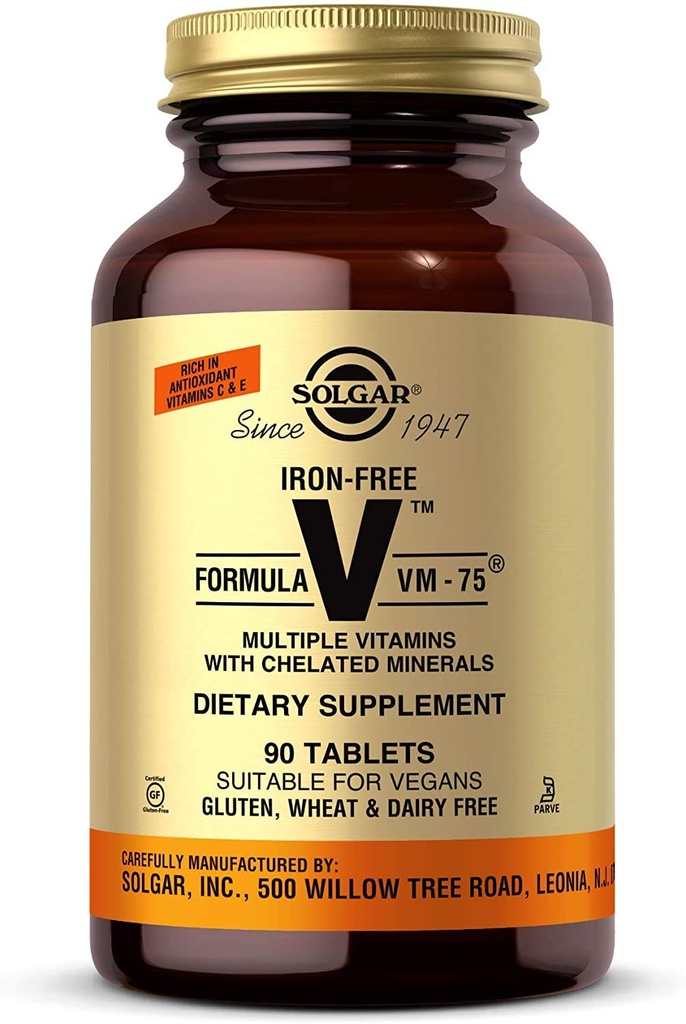 Solgar Iron-Free Formula VM-75, 90 Tablet - Chelated Minerals ile Çokvitamin - A, B6, B12, C, D, E - Biotin, Magnezyum,uba, çinko - Vegan, Gluten & Dairy Free, Kosher - 90 Hizmet