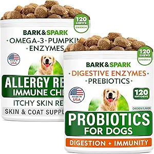 Antivirüs Yardım Köpeki + Köpek Probiyotikleri Chews Sche - Omega 3 + Pumpkin + Enzymes for Itchy Skin Relief + Digestive Enzymes + Prebiyotiks for Gas, Diarr