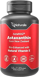 Naturalis New Zealand Astaxanthin (12mg) | Natural Vitamin E | Non-GMO, Soy & Gluten Free | 120 Softgels (4 Ay Supply)