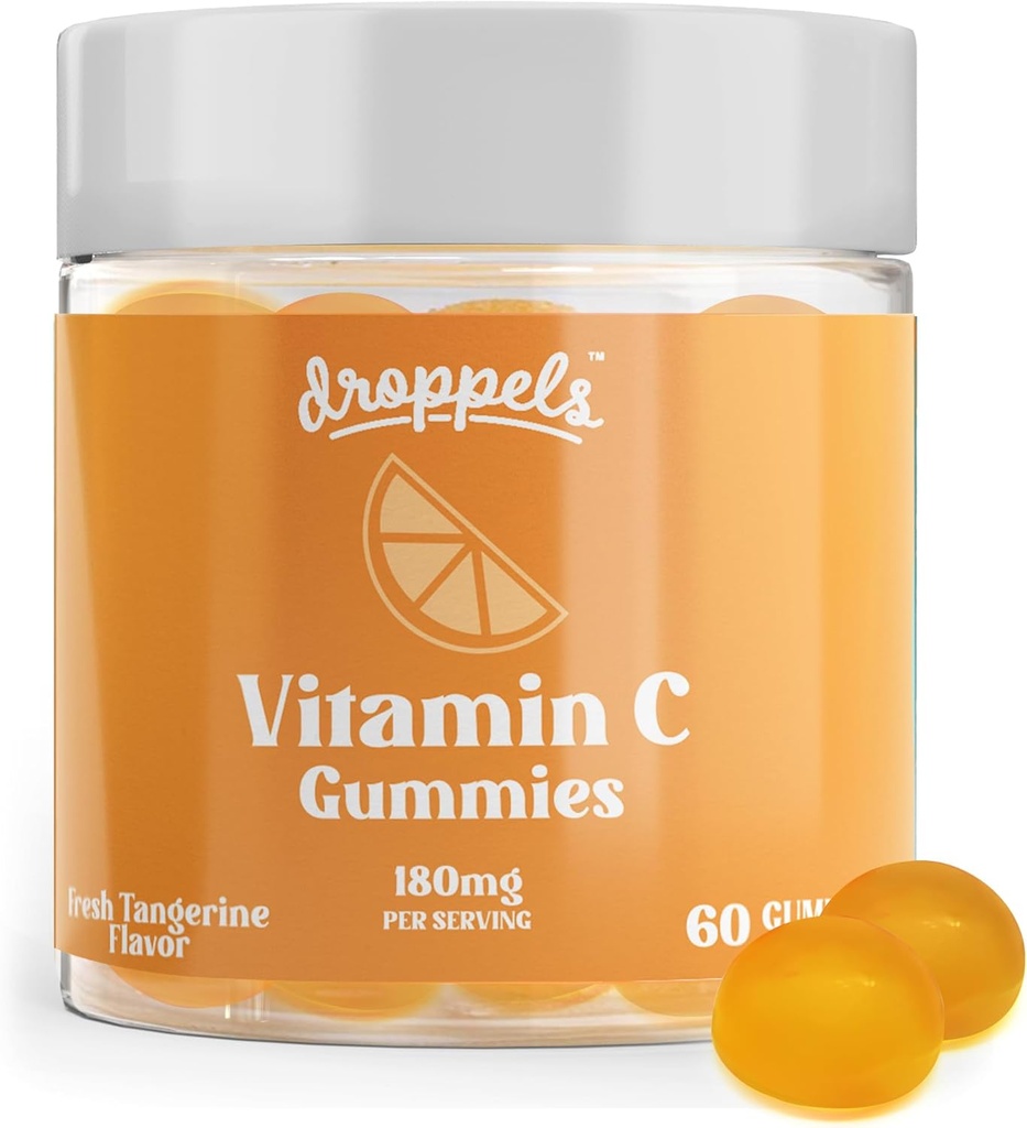 Droppels Vitamin C Gummies, 180mg – Vegan, Pectin Plant-Based Immune Support ATM Supplement – Tangerine Flavor, 60 Count (1-Month Supply)