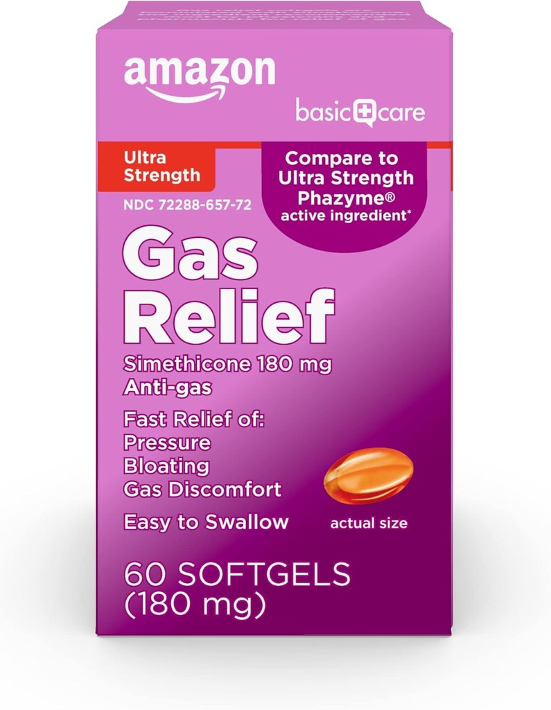 Basic Care Gas Relief, Ultra Strength Gas and Bloating Relief for Yetişkinler, 180 mg Simethicone Fast Gels, 48 Count