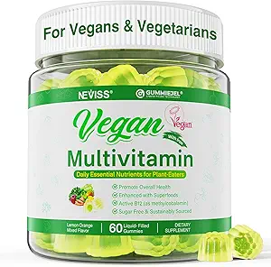 NEVISS Vegan Multivitamin for Women & Men w/Methyl B12, D3 K2, Plant Based Omega 3 (DHA+EPA), Iron, Choline, Zinc, Whole Food Daily Vitamins Gummies for Vegans & Vegetarians, Sugar Free, 60Cts
