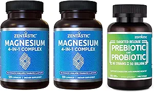Zentastic 2 Pack 4-in-1 Kompleksi - Chelated Magnezyum Glycinate, Malate, Taurate & Lactate & 1 Pack Probiyotiks & Prebiyotiks Supplement