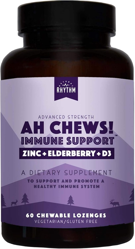 Doğal Rhythm Ah Chews! Çocuklar ve Yetişkinler için Immune ATM Lozenges, Elderberry, çinko & Vitamin D3, 60 Capsules