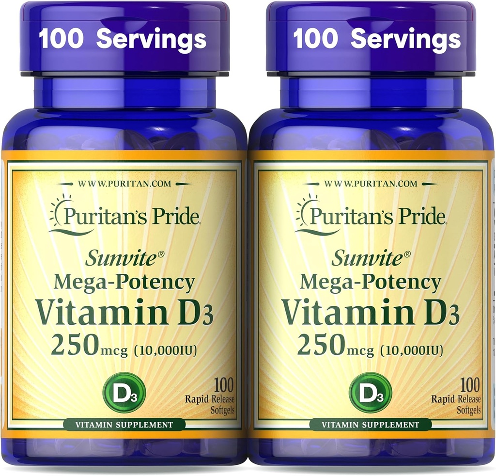 Puritan'ın Gurur Premium SunviteTM Mega-Potency Vitamin D3 10.000 IU, Sağlıklı Kemikler için Diyetsel Tamam, Dişler ve Immune Sistem Desteği, 100 Hızlı Yayın Softgels