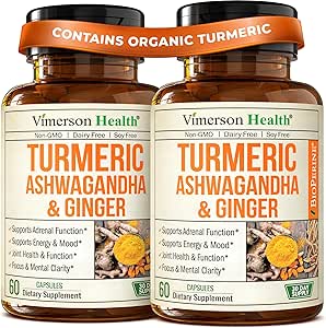Ashwagandha Turmeric Curcumin Supplement with Ginger - Organik Turmeric Supplement, Curcuminoids), Ortak Sağlık, Enerji ve Immune Desteği için Ginger Root. 2 Pack