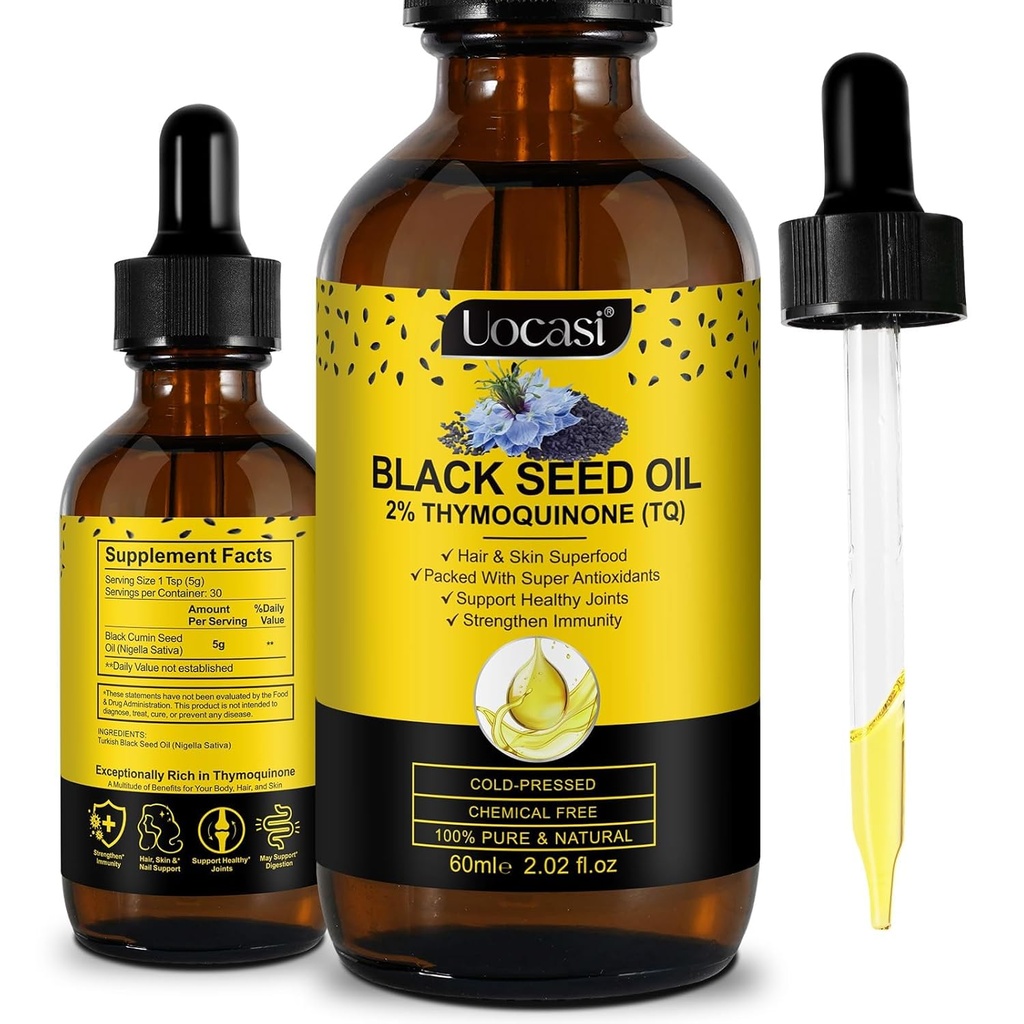 Uocasi Black Seed Oil, Cold Pressed, 100% Pure & Natural , Saç Büyüme ve Cilt Bakımı, 2.02 Fl Oz