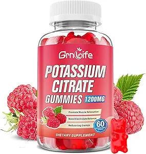 Potasyum Gummies, Yüksek Potasyum Supplement Gummies 1200 mg Destek Leg Cramps & Muscle Health, Piyal Gummies for Yetişkinler & Kids, Vegan, Raspberry Flavor 60 Count