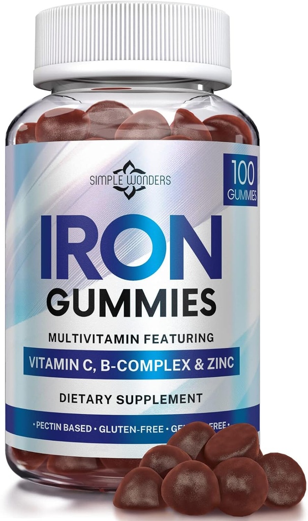 Kadınlar için Demir Gummies, Erkekler ve Çocuklar - Vitamin C, A, Vitamins B Kompleksi, Biotin & Çinko - Yetişkinler için Çokvitamin Chewable Iron Gummies - Iron Pills, Capsules, Tabletler