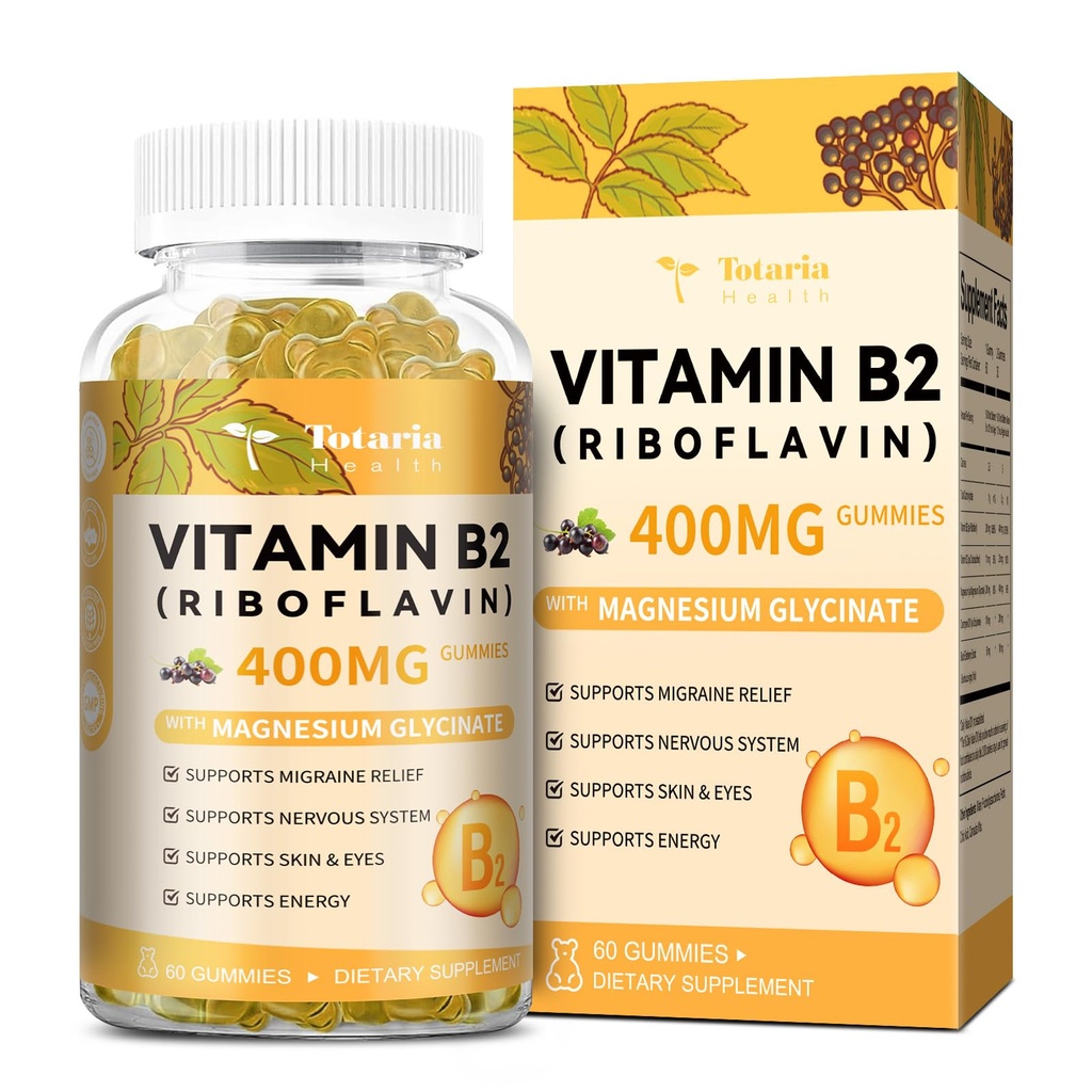 Totaria Vitamin B2 Gummies, Sugar Free Riboflavin 400mg Συμπλήρωμα για Ενήλικες & Παιδιά με Μαγνήσιο Γλυκινικό 400mg, COQ10 & Elderberry, Δερμάτινο & Νευρικό Σύστημα Υποστήριξη, Μη ΓΤΟ, 60 Gummies