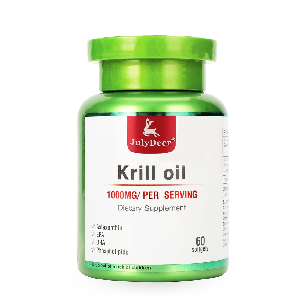Antarktika Krill Oil 1000 mg with Omega-3s EPA, DHA, Astaxanthin ve Phospholipids 60 Softgels Supplement No Fishy Aftertaste for Common, Heart, Brain and Immunity
