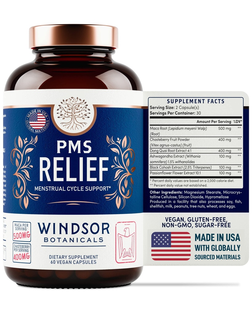PMS Support Supplement for Women with Chasteberry, Maca Root, Ashwagandha - Period Relief, Bloating Relief for Women, Mood Support, Hormon Balance Herbal Supplements - 30 Day, 60 Vegan Capsules