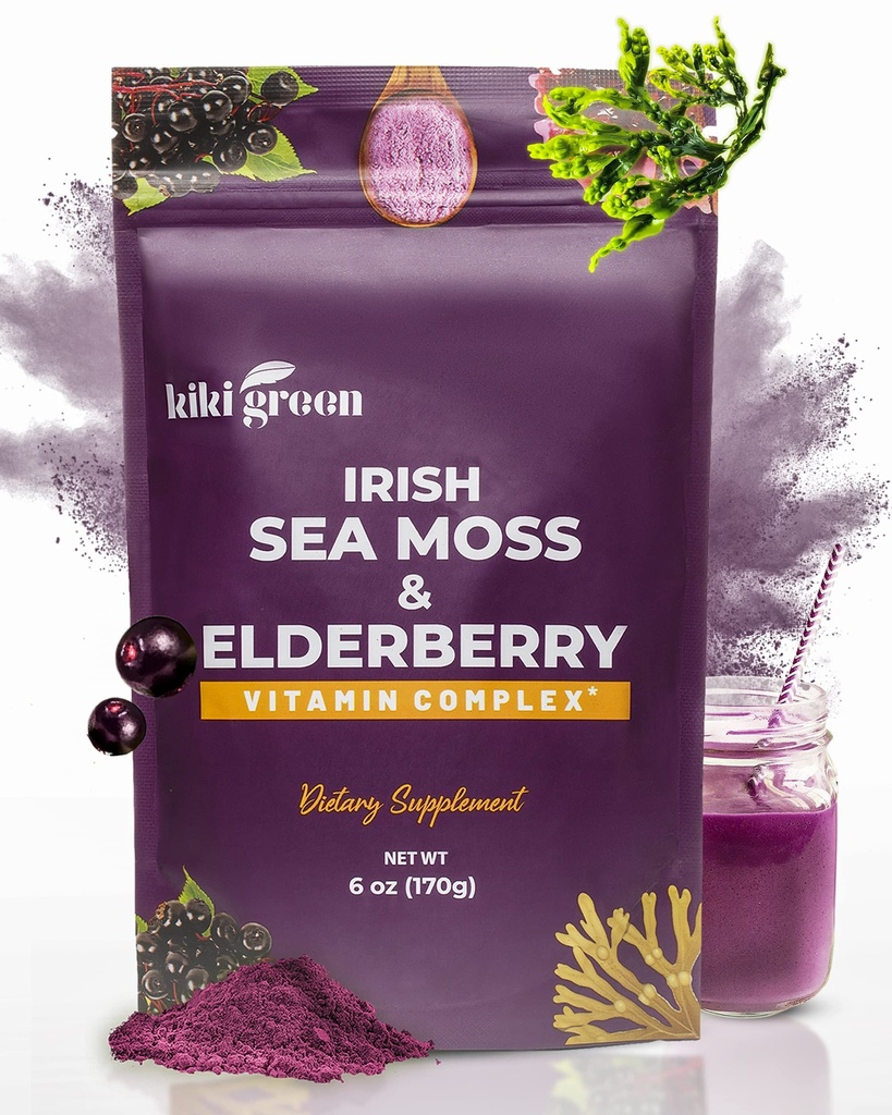 KIKI Green Sea Moss Toz, Elderberry ile - Vegan Superfood Multivitamini - Immune Boost ve Support - Smoothies, Juice, 6 ozz