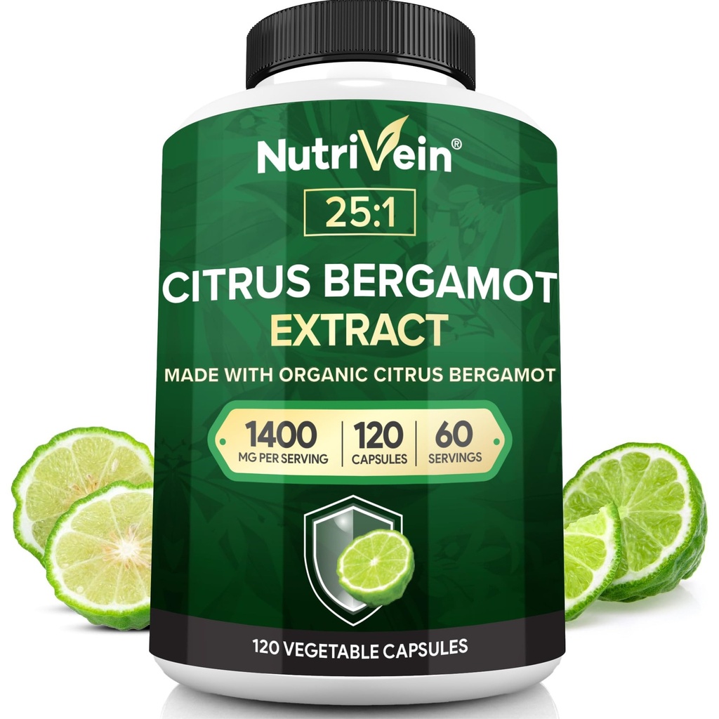 Nutrivein Premium Citrus Bergamot Supplement 1400mg 25:1 Bergamia Extract - 60 Day Supply (120 Capsules): Güçlü İtalyan Citrus Bergamot 1400 mg+ Yüksek Koncentrasyon - Kalp ve Circulatory System