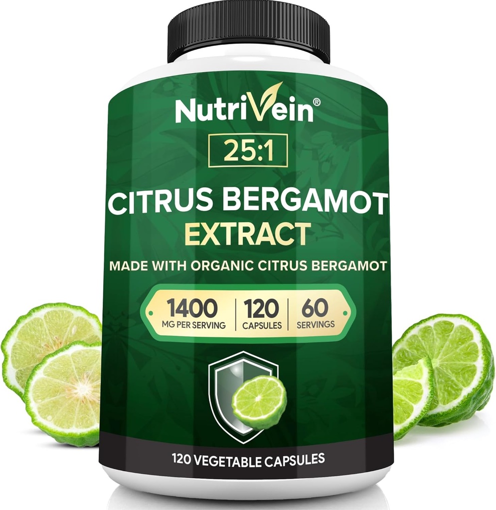Nutrivein Premium Citrus Bergamot Supplement 1400mg 25:1 Bergamia Extract - 60 Day Supply (120 Capsules): Güçlü İtalyan Citrus Bergamot 1400 mg+ Yüksek Koncentrasyon - Kalp ve Circulatory System