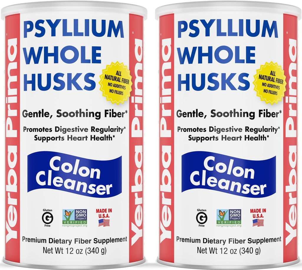 Yerba Prima Psyllium Whole Husks, Colon Cleanser 12 oz (Pack of 2) - All Natural Diyetary Fiber, Pure Premium Psyllium, Lab-Tested Non-GMO, Gluten-Free Fiber, Made in the USA