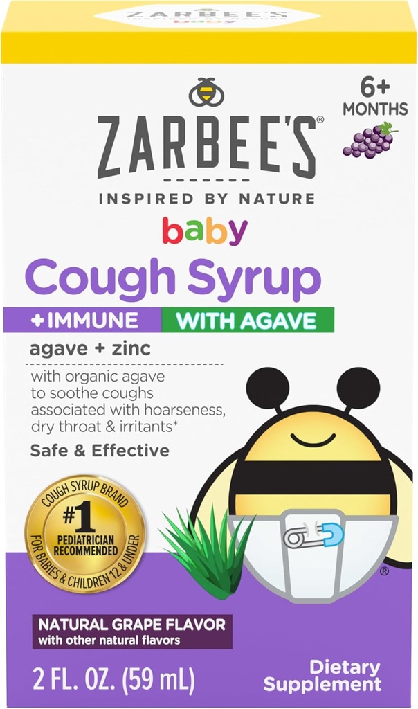 Zarbee's Baby Cough Syrup + Immune with Organic Agave + çinko; Doğal Grape Flavor; Bebekler için 6+ Ay, 2 Fl Oz (Görünen 1)