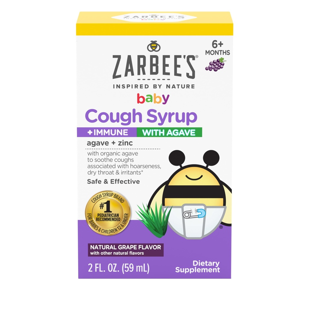 Zarbee's Baby Cough Syrup + Immune with Organic Agave + çinko; Doğal Grape Flavor; Bebekler için 6+ Ay, 2 Fl Oz (Görünen 1)