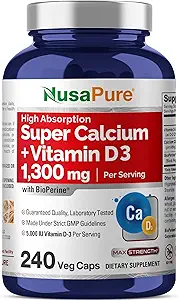 NusaPure Super Calcium 1300mg, Βιταμίνη D3-240 Veggie Caps (Non-GMO, Soyfree, Bioperine)