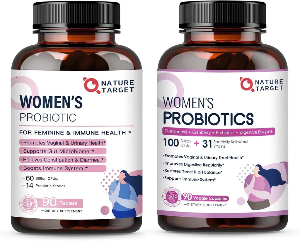 NAT TARGET Women's Probiyotiks & Prebiyotiks, Cranberry & D-Mannose, 50-Billion-CFUs, Organic Probiyotiks for Digestive Health/Gut Health/Immune ATM/Weight Management
