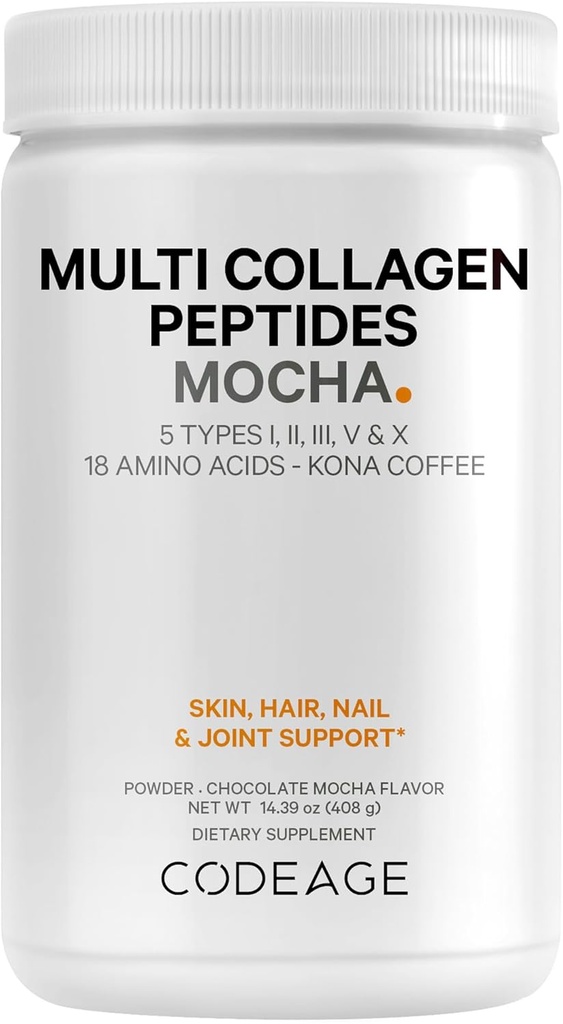 Codeage Multi Collagen Peptides Protein Powder - Chocolate Mocha Instant Coffee - Gourmet Knoa Coffee Drink & Shake - Collagen Type I, II, III, V & X - Grass-Fed, Hydrolyzed, Non-GMO - 14.39oz