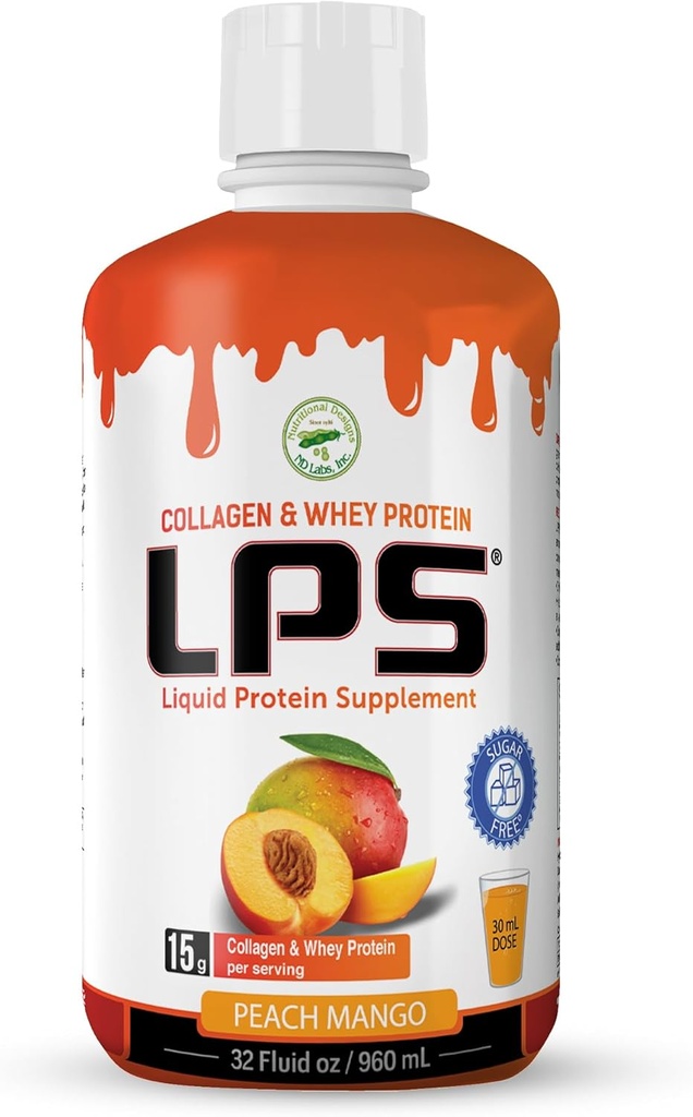 LPS Liquid Collagen & Whey Protein Supplement - Sugar-Free, Dye-Free, Non-GMO Drink - Hydrolyzed Collagen & Whey Peptides Erkekler ve Kadınlar için sağlıklı Cilt & Saçlar, Peach Mango, 32 fl ozzzzz