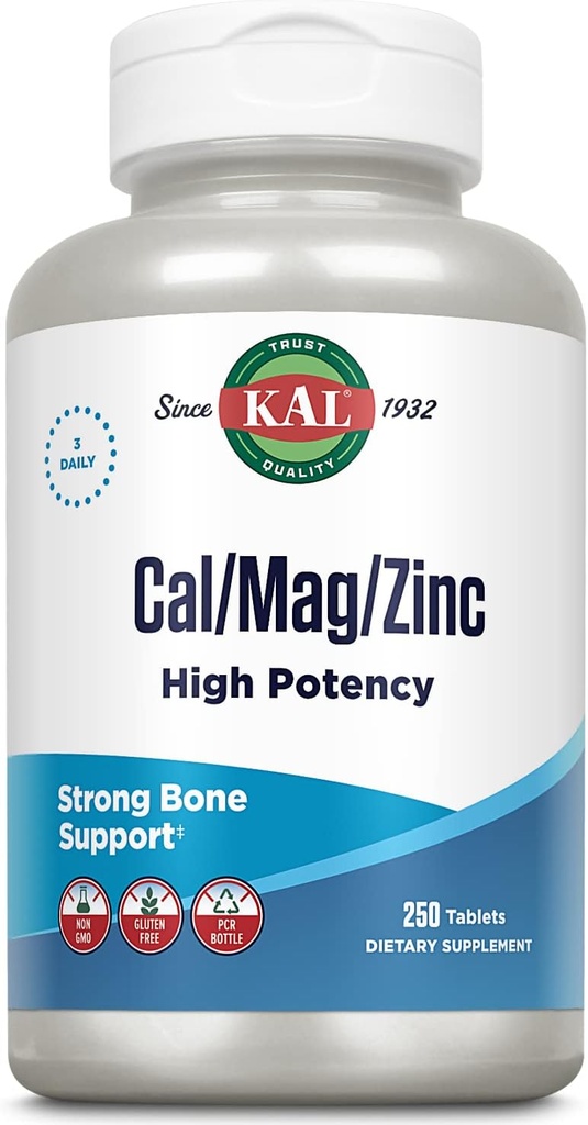 KAL Cal/Mag/Zinc | 1000 mguba, 400 mg & 15mg çinko | Bone, Muscle, Heart & Immune Support | 250ct, 83 Serv.
