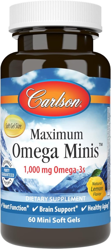 Carlson - maksimum Omega Minis, 1000 mg Omega-3s, Kalp Fonksiyonlar, Beyin Destek ve Sağlıklı Ağlama, Limon, 60 Mini Softgels