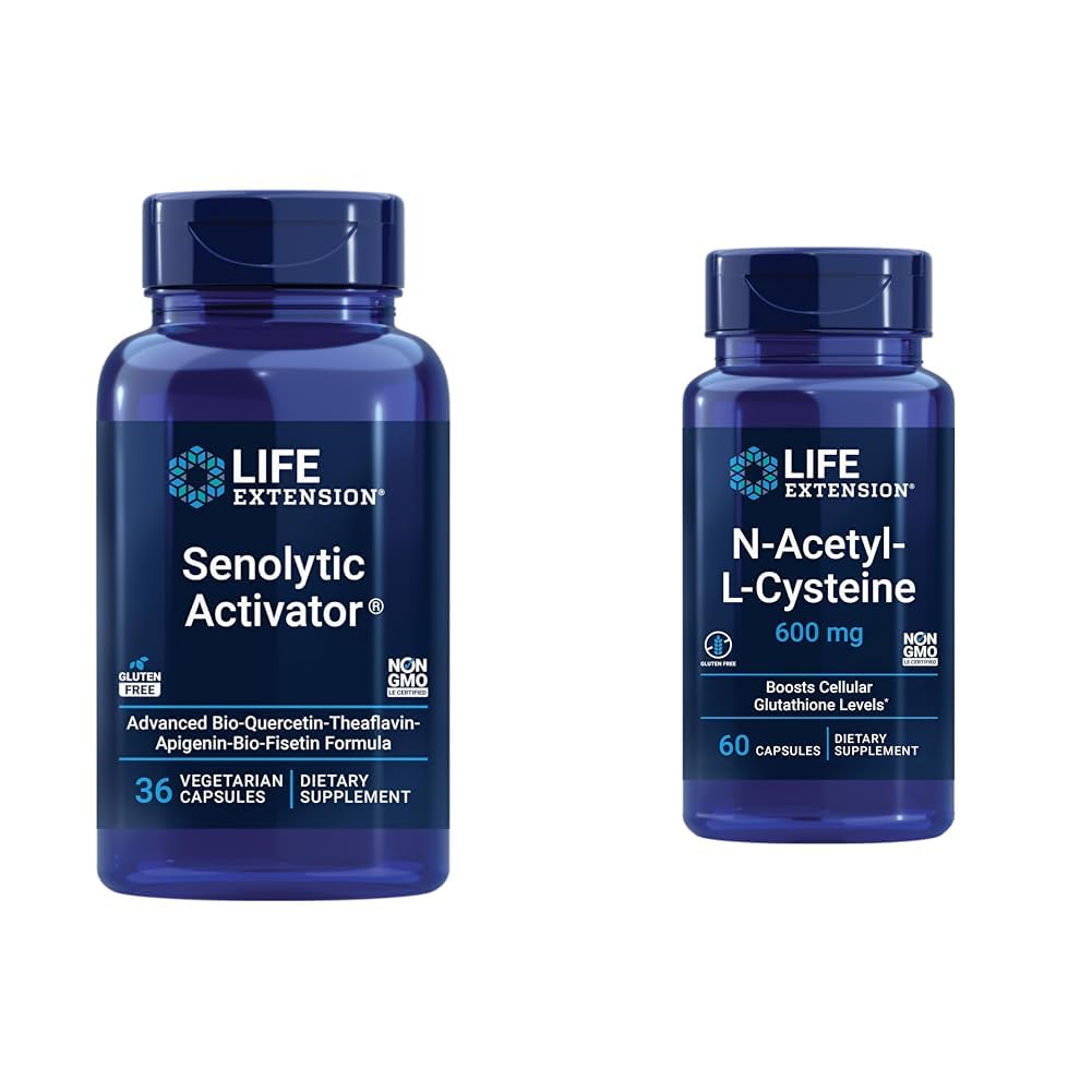 Life Extension Senolytic Activator with Quercetin & Fisetin - 36 Vegetarian Capsules Bundle with N-Acetyl-L-Cysteine Immune & Respiratory Support - 60 Capsules