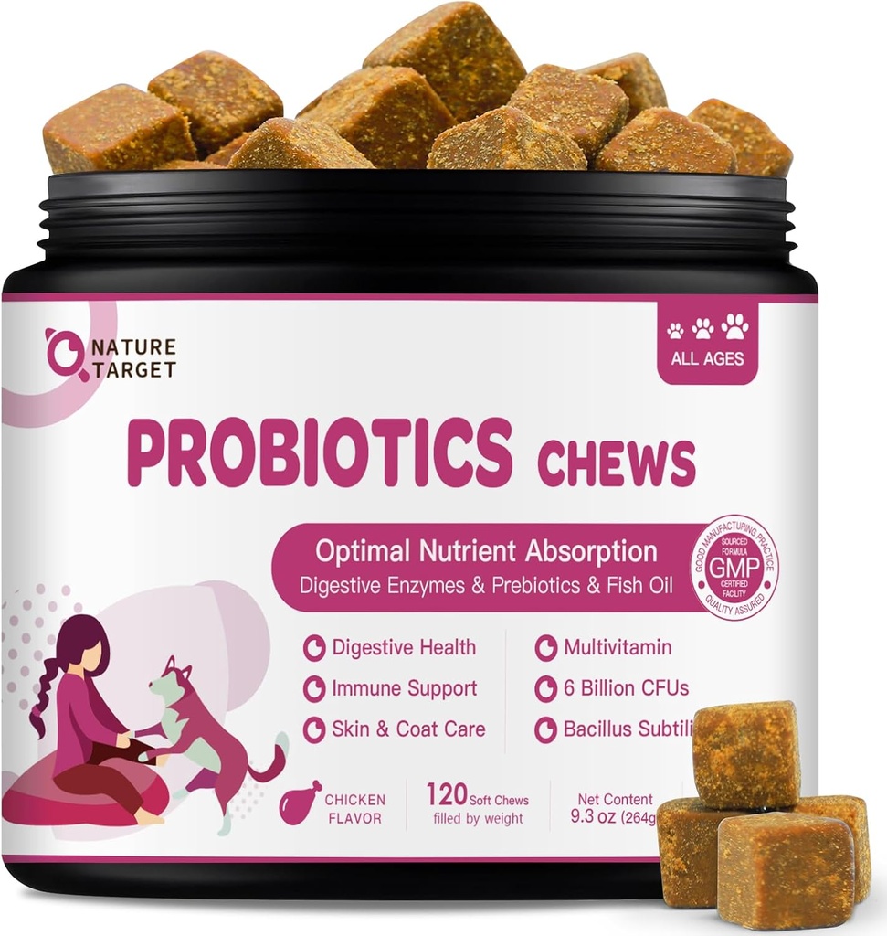 NATURE TARGET Probiotics for Dogs & Digestive Enzymes for Digestive Health - Plus Fish Oil & Vitamins Supplement for Allergies & Immune & Ichy Skin, 120 Chicken Flavor Probiotic Soft Chews